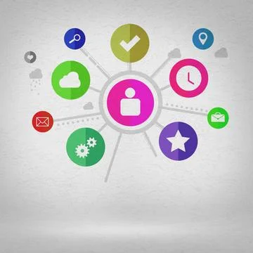 User interface Group of colorful application icons on wall background ,mod... Stock Photos