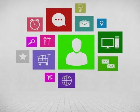 User interface Group of colorful application icons on wall background ,mod... Stock Photos