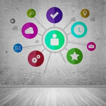 User interface Group of colorful application icons on wall background ,mod... Stock Photos