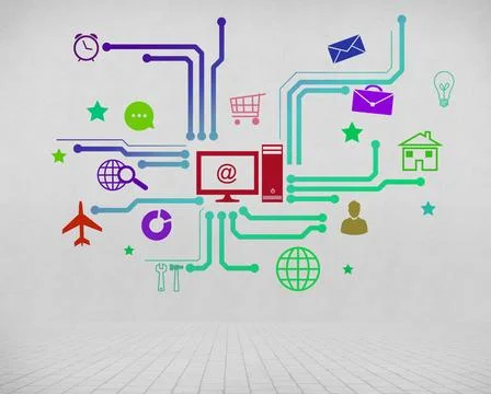 User interface Group of colorful application icons on wall background ,mod... Stock Photos