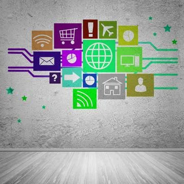 User interface Group of colorful application icons on wall background ,mod... 스톡 사진