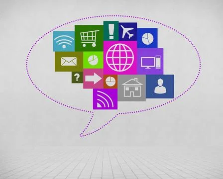 User interface Group of colorful application icons on wall background ,mod... Stock Photos