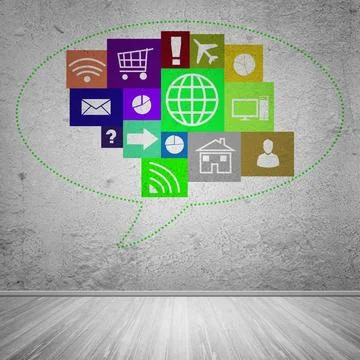 User interface Group of colorful application icons on wall background ,mod... Stock Photos