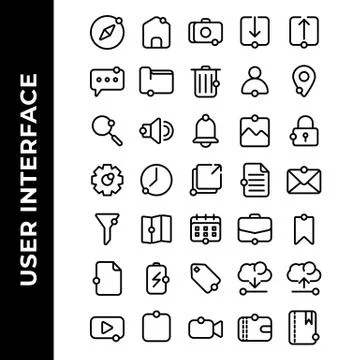 User interface icon set include compass, home, camera, download, upload, chat Stock Illustration
