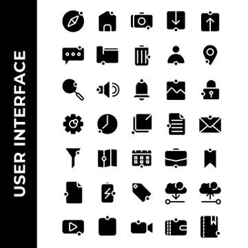 User interface icon set include compass, home, camera, download, upload, chat Stock Illustration