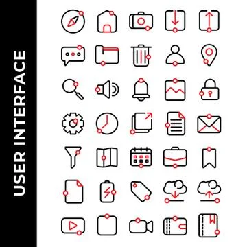 User interface icon set include compass, home, camera, download, upload, chat Stock Illustration