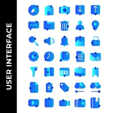User interface icon set include compass, home, camera, download, upload, chat Stock Illustration