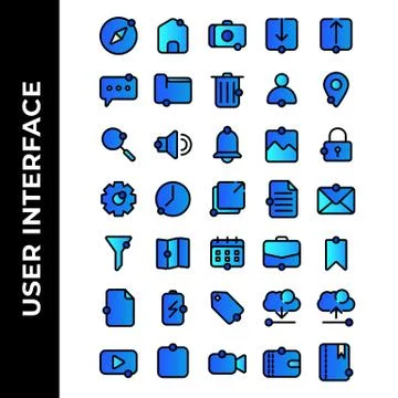 User interface icon set include compass, home, camera, download, upload, chat Illustrazione stock