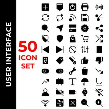User interface icon set include plus, pocket, power, printer, radio, refresh, Stock Illustration