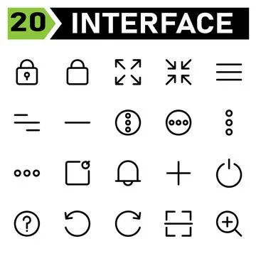 User interface icon set include padlock, lock, user interface, maximize, size Illustrazione stock