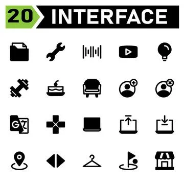 User interface icon set include folder, file, document, user interface, wrenc Illustrazione stock