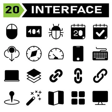 User interface icon set include download, arrow, down, downloading, compass,  库存插图