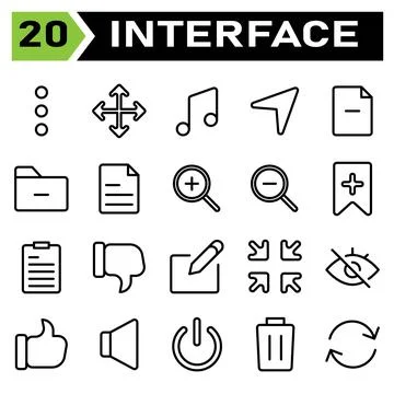 User interface icon set include more, menu, vertical, user interface, move, a Illustrazione stock
