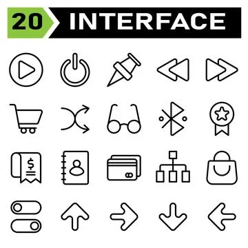 User interface icon set include play, button, circle, start, interface, power Stock Illustration