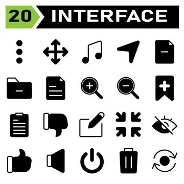User interface icon set include more, menu, vertical, user interface, move, a Stock Illustration