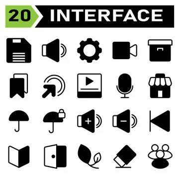 User interface icon set include save, storage, data, file, download, sound, v Illustrazione stock