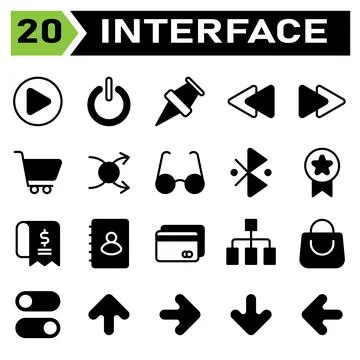 User interface icon set include play, button, circle, start, interface, power Stock Illustration
