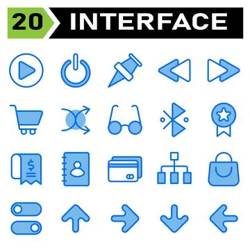 User interface icon set include play, button, circle, start, interface, power Stock Illustration