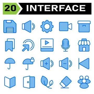 User interface icon set include save, storage, data, file, download, sound, v Illustrazione stock