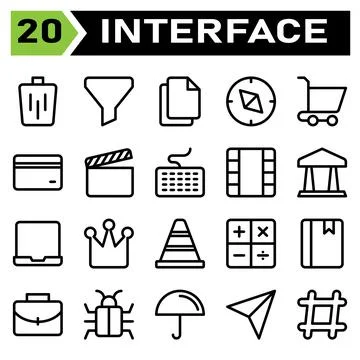 User interface icon set include bin, trash, basket, delete, remove, funnel, s Stock-Illustration