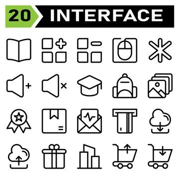 User interface icon set include book, guide, manual, read, instruction, menu, Stock Illustration