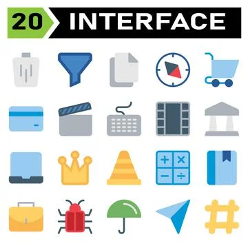 User interface icon set include bin, trash, basket, delete, remove, funnel, s Illustrazione stock