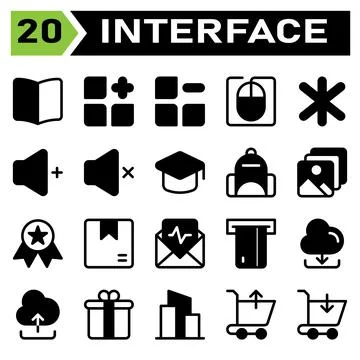 User interface icon set include book, guide, manual, read, instruction, menu, Stock Illustration