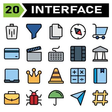 User interface icon set include bin, trash, basket, delete, remove, funnel, s Ilustración de archivo