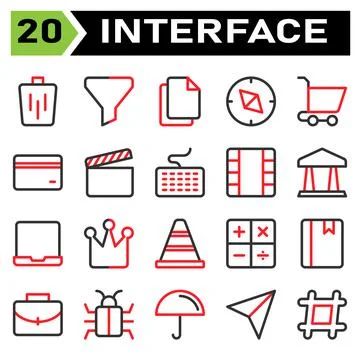 User interface icon set include bin, trash, basket, delete, remove, funnel, s Ilustração Stock