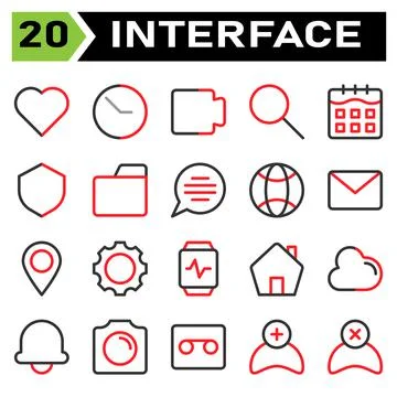 User interface icon set include love, heart, favorite, like, user interface,  Illustrazione stock