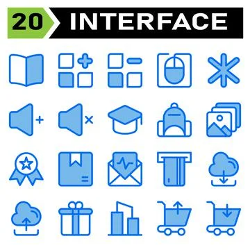 User interface icon set include book, guide, manual, read, instruction, menu, Stock Illustration
