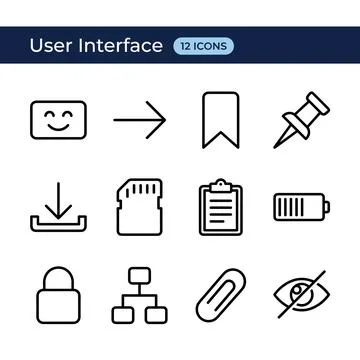 User interface icons set with happy face, arrow, bookmark, pin, download, S.. Ilustração Stock