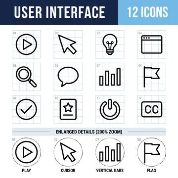 User interface icons set with play button, cursor, light bulb, browser wind.. Ilustração Stock