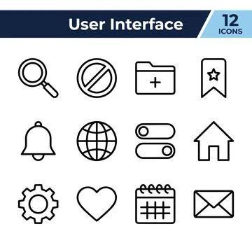 User interface icons set with search, prohibition, folder, bookmark, bell, .. Stock Illustration