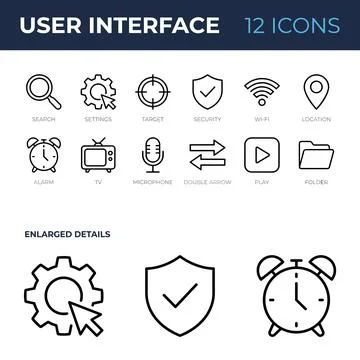 User interface icons set with search, settings, target, security, Wi-Fi, lo.. Stock Illustration