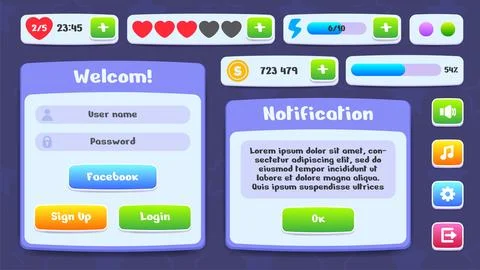 User interface for mobile game, app. UI Kit of icons, progress bars, buttons Stock Illustration