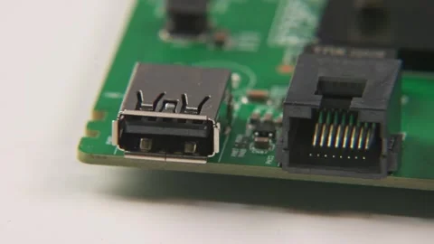 User interface output ports on opened damaged TV motherboard Stock Footage 329707470