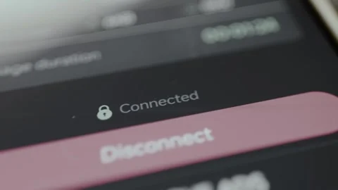 User interface screen indicating a secure connection status to a VPN server and Stock Footage 329748807
