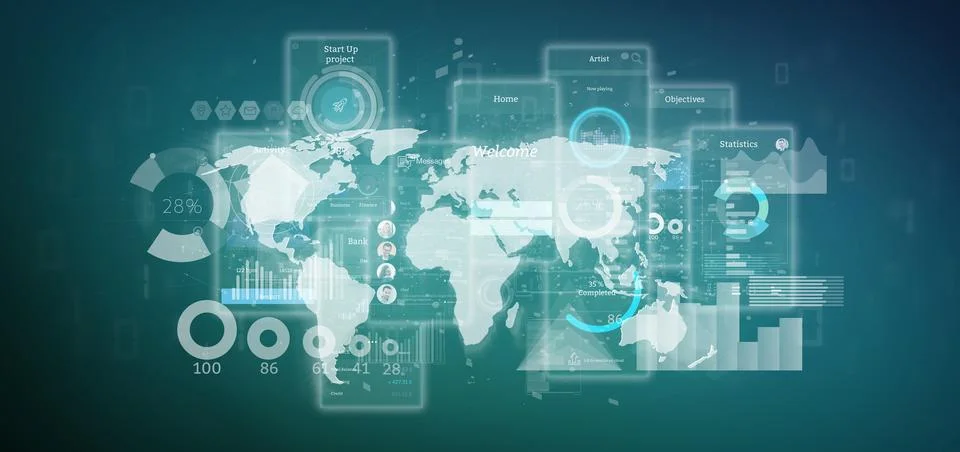 User interface screens with icon, stats and data 3d rendering Stock Illustration