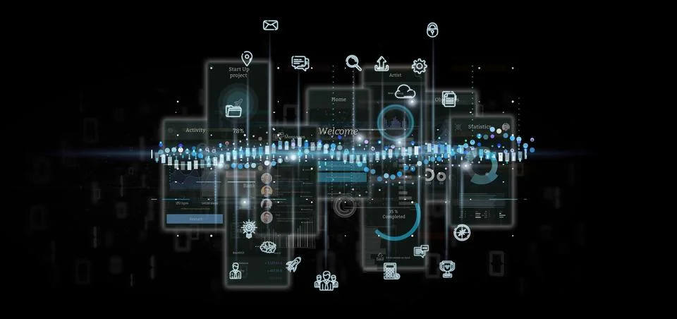 User interface screens with icon, stats and data 3d rendering Stock Illustration