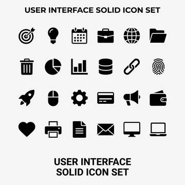 User interface solid icon set featuring target, lightbulb, calendar, briefc.. Stock Illustration