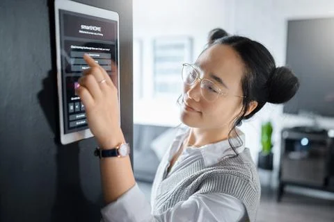 User interface, technology and Asian woman with security password in office Foto stock