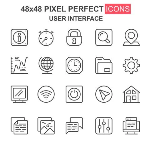 User interface thin line icon set. Pinpointer, lock, gear, email, magnifier,  Stock Illustration
