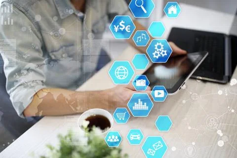 User interface on virtual screen. Business and internet technology. Stock Photos