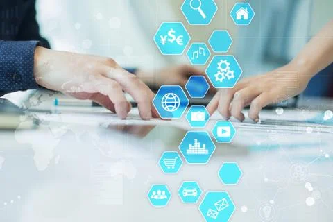 User interface on virtual screen. Business and internet technology. Stock Photos