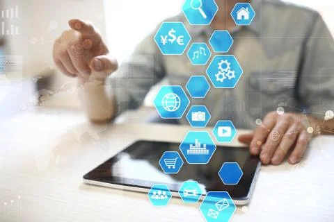 User interface on virtual screen. Business and internet technology. Stock Photos