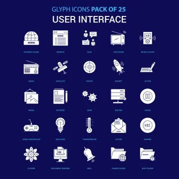 User Interface  White icon over Blue background. 25 Icon Pack Stock Illustration