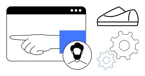 User interface window with pointing hand cursor, person icon, shoe icon, and  Illustrazione stock