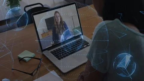 User joining work call on laptop, screen host talking, blue mesh globe overlay Stock Footage 334036048
