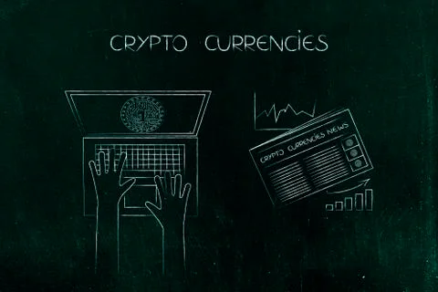 User laptop with crypto currency on screen next to newspaper with stats Stock Illustration